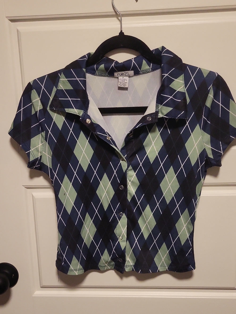rue21 Navy and Mint Argyle Button-Front Crop Shirt